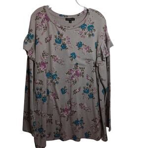 EUC Lane Bryant Gray Floral Long Sleeve Rounded Neck Top Size 18/20